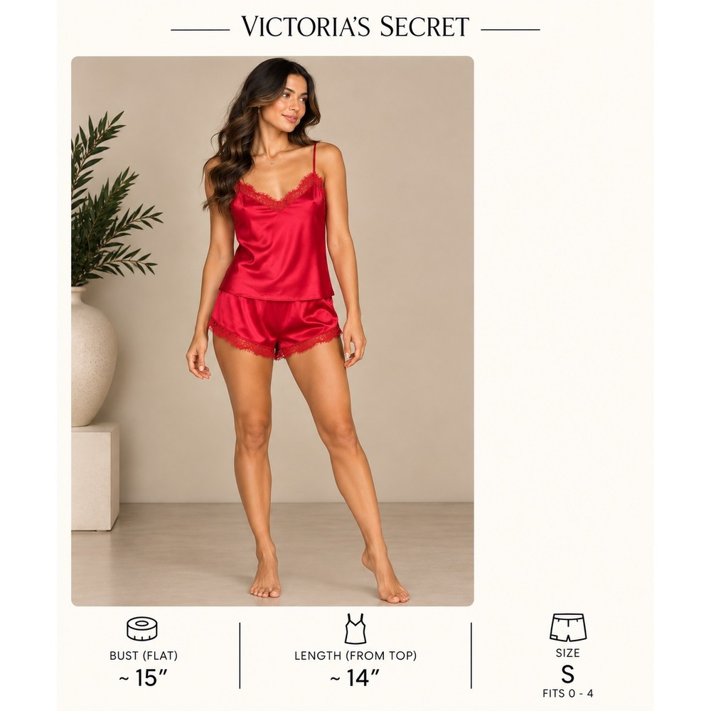 Victoria's Secret Red Satin Lace Trim Cami and Shorts Pajama Set Small 11208031